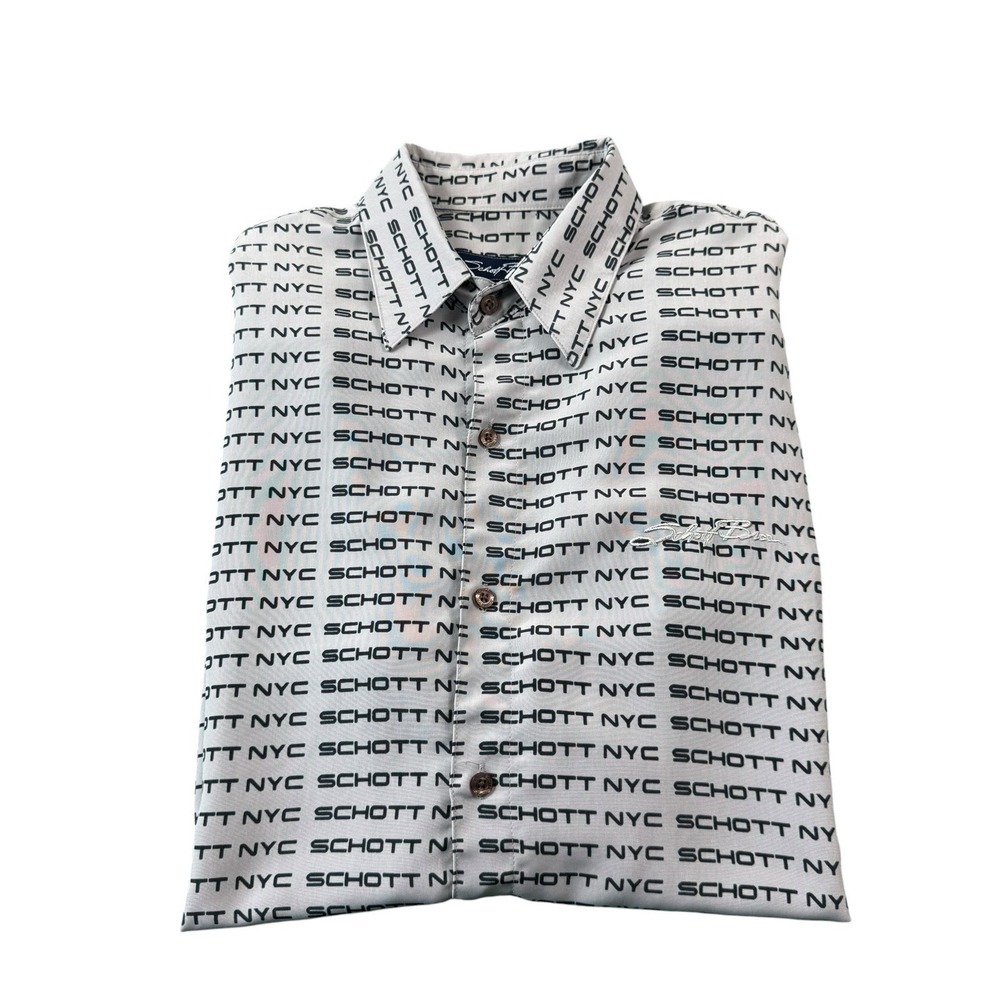 Schott Bros Gray Black Spellout AOP Polyester S/S Men's Button Front Size Large